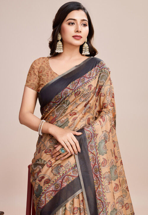Digital Printed Linen Saree in Beige