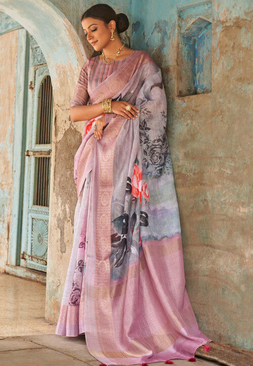 Digital Printed Linen Saree in Grey