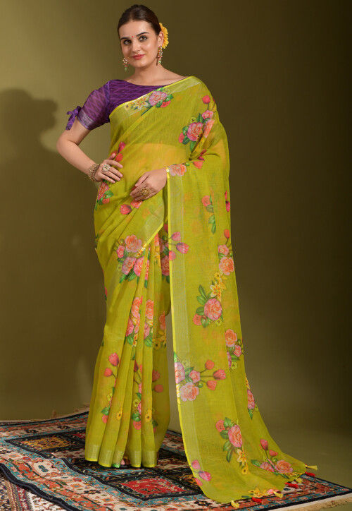 Digital Printed Linen Saree in Light Green