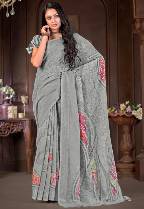 Grey Silver Pure Handloom Linen Saree – Paarijaatham.com