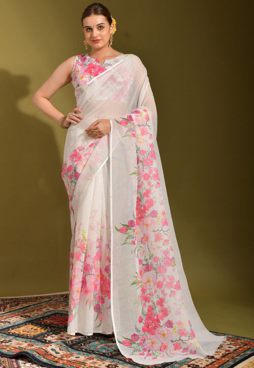 Digital Printed Linen Saree in Off White