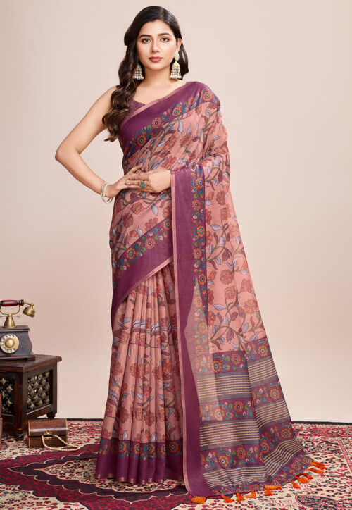 Digital Printed Linen Saree in Peach