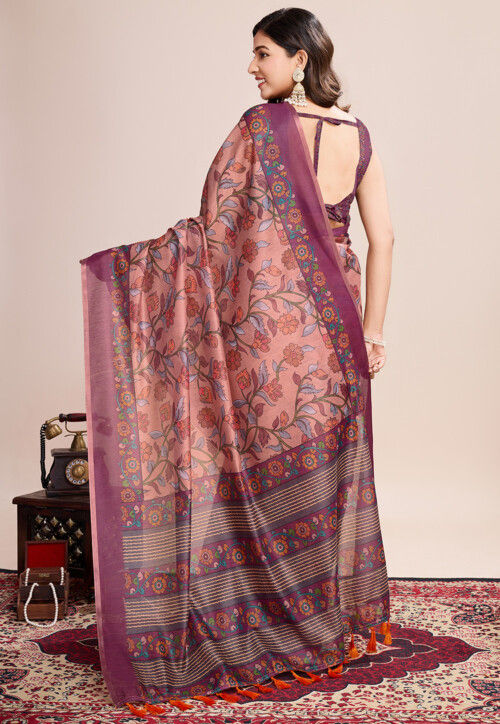 Digital Printed Linen Saree in Peach
