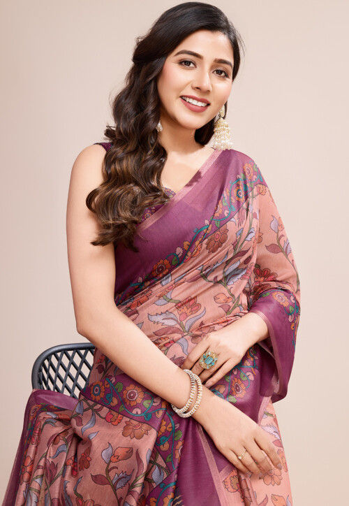 Digital Printed Linen Saree in Peach