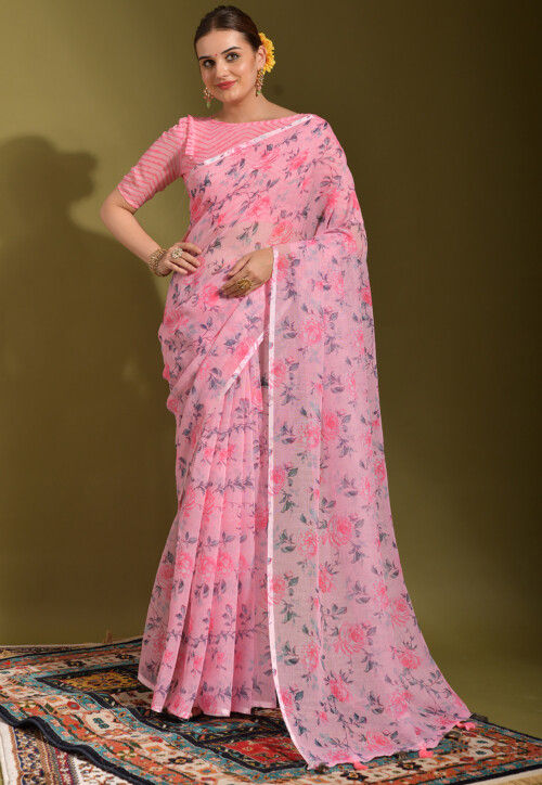 Digital Printed Linen Saree in Pink