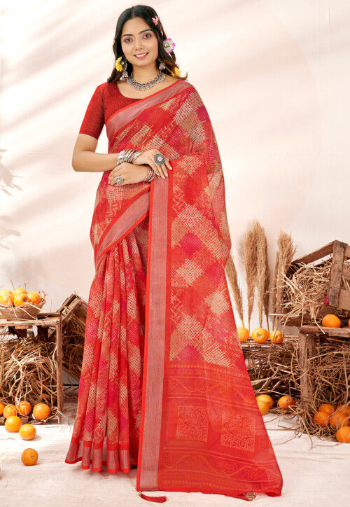 Digital Printed Cotton Linen Saree in Pink : SMA7882