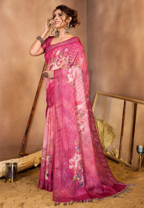 Digital Printed Linen Saree in Shaded Pink