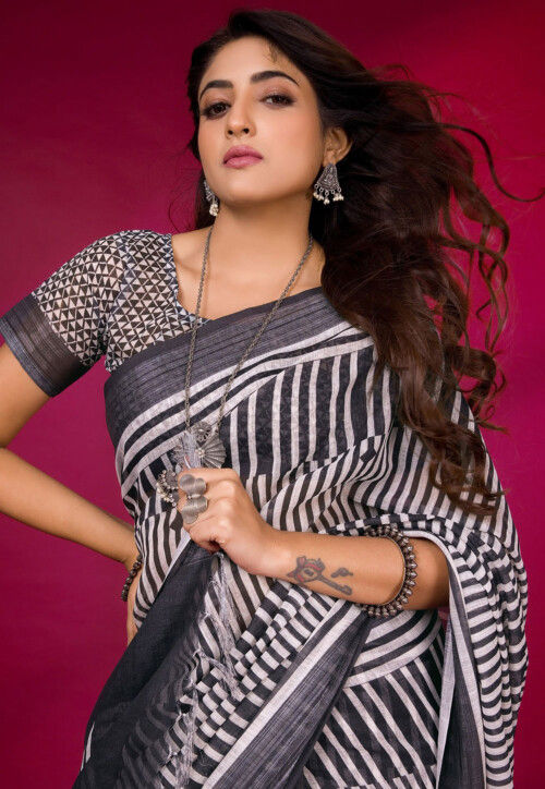 Digital Printed Linen Saree in White and Black