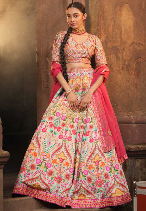 Buy Art Silk Pink and Cream Lehenga Choli with Embroidery Zari Work Online  - LEHV2265 | Appelle Fashion