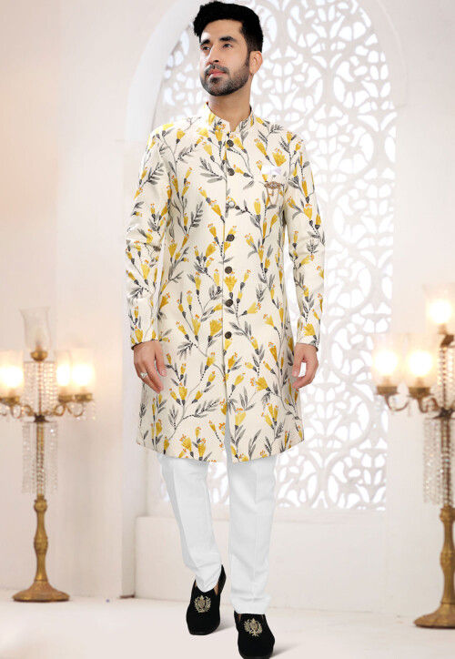 Digital Printed Linen Sherwani in Cream