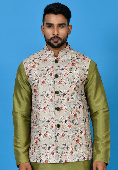 Dull green and white floral printed striped nehru jacket by Desi Doree |  The Secret Label