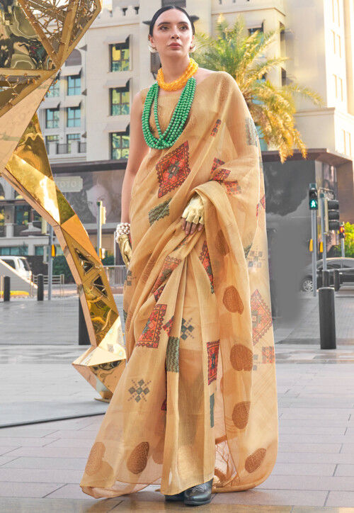 Digital Printed Linen Silk Saree in Beige