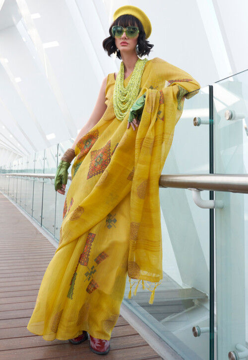 Digital Printed Linen Silk Saree in Yellow
