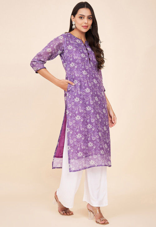 Digital Printed Linen Straight Kurta in Purple