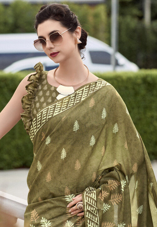 Green Pure Soft MalMal Cotton Printed Cotton Saree