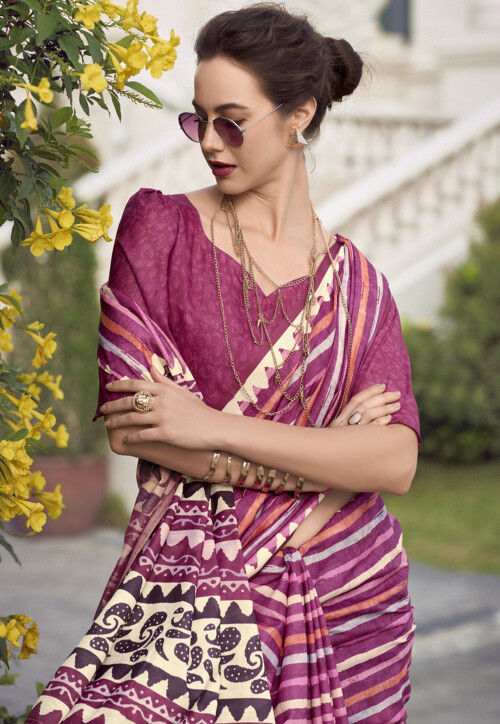 Digital Printed Mal Mal Cotton Saree in Purple
