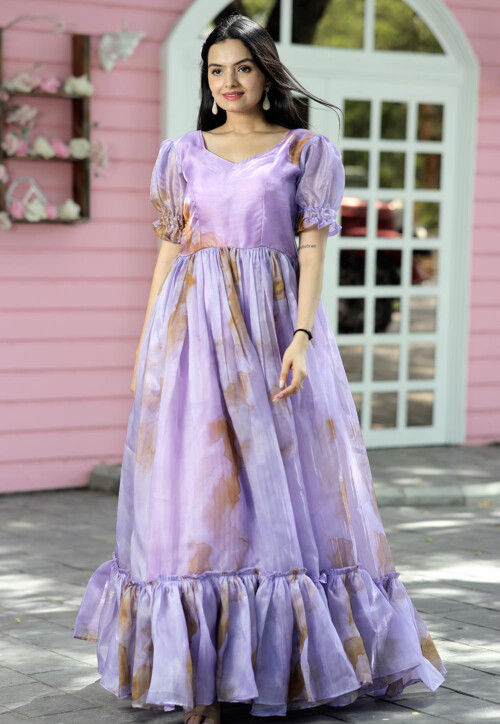 Violet Tulle Embroidered Designer Georgette Long Dress Online – Ordinaree