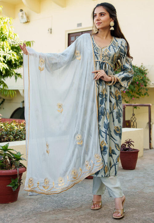 Digital Printed Modal Muslin Pakistani Suit in Sky Blue