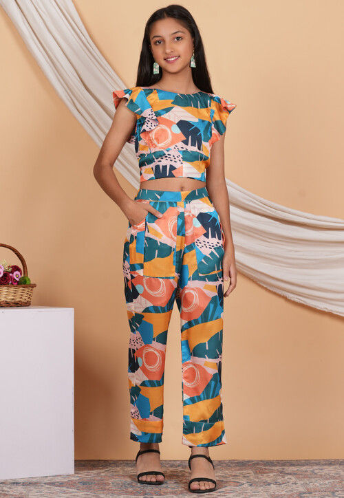 Digital Printed Modal Satin Crop Top Set in Multicolor