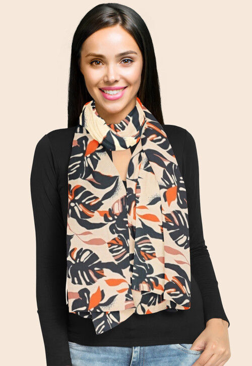 Digital Printed Modal Satin Stole in Light Peach