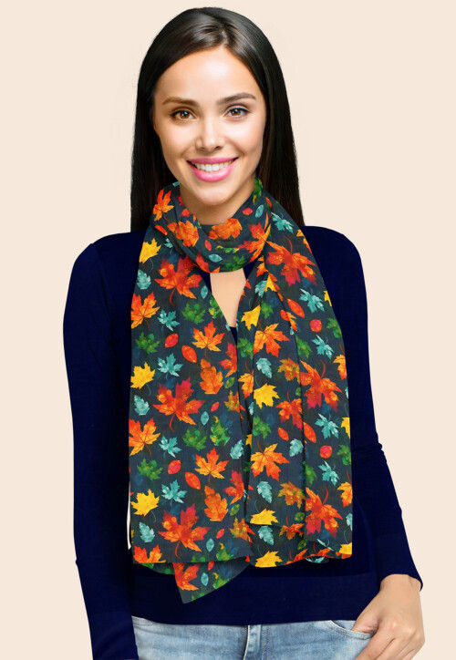 Digital Printed Modal Satin Stole in Navy Blue