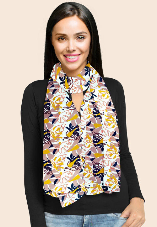 Digital Printed Modal Satin Stole in Off White