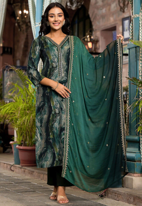 Digital Printed Modal Silk Punjabi Suit in Dark Green