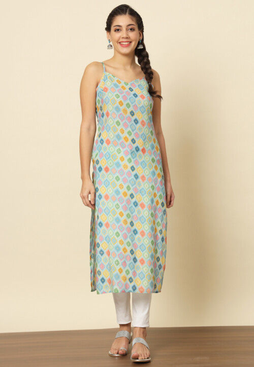 Digital Printed Modal Silk Straight Kurta in Sky Blue