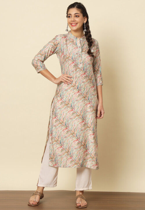 Digital Printed Modal Silk Straight Kurta Set in Beige