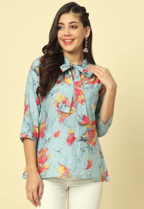 Digital Printed Modal Silk Top in Light Blue