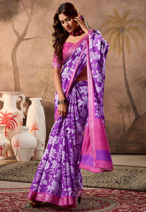 Digital Printed Mulmul Cotton Saree in Purple