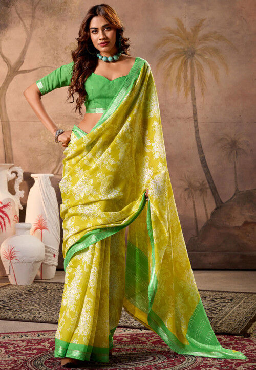 Digital Printed Mulmul Cotton Saree in Yellow