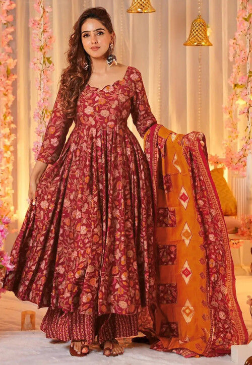 Digital Printed Muslin Cotton A Line suit in Maroon
