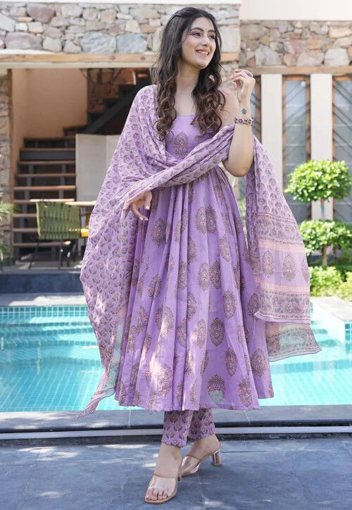 Digital Printed Muslin Cotton A Line suit in Purple