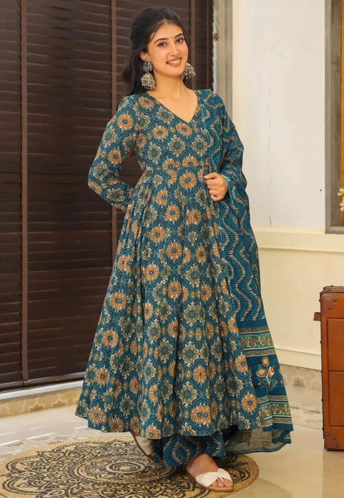 Digital Printed Muslin Cotton A Line suit in Teal Blue