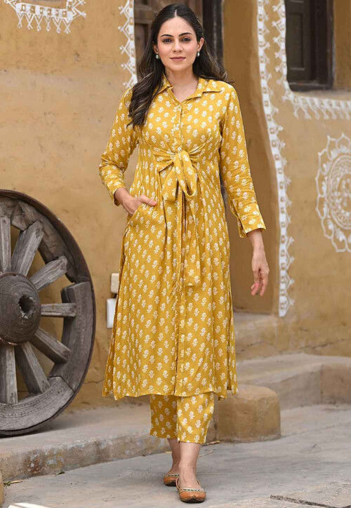 Digital Printed Muslin Cotton Co Ord Set in Mustard