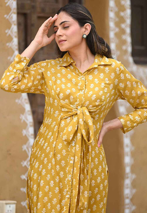 Digital Printed Muslin Cotton Co Ord Set in Mustard
