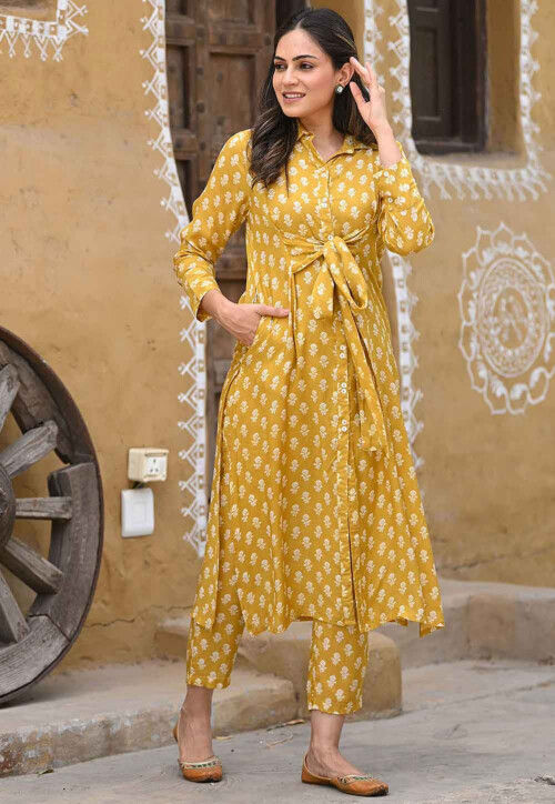 Digital Printed Muslin Cotton Co Ord Set in Mustard