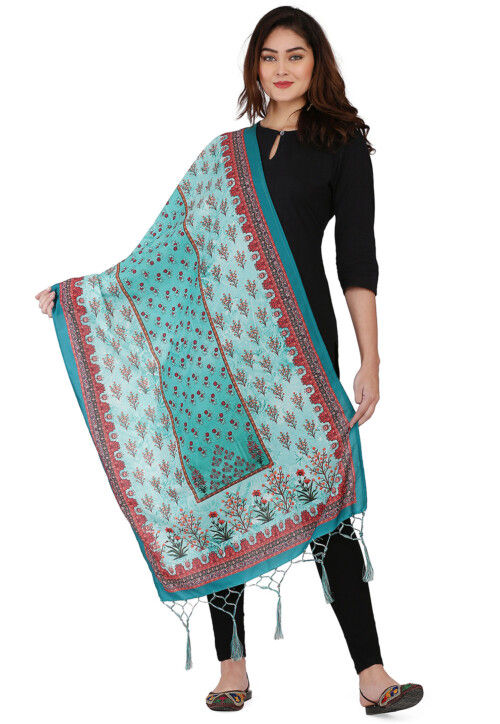 Digital Printed Muslin Cotton Dupatta in Light Blue
