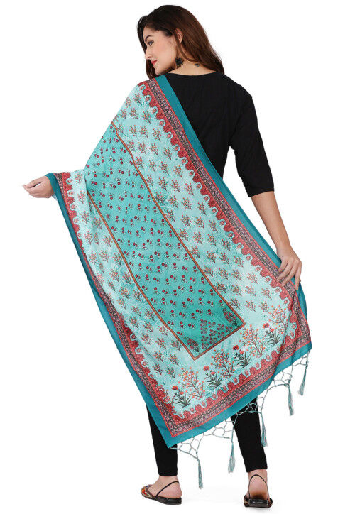 Digital Printed Muslin Cotton Dupatta in Light Blue