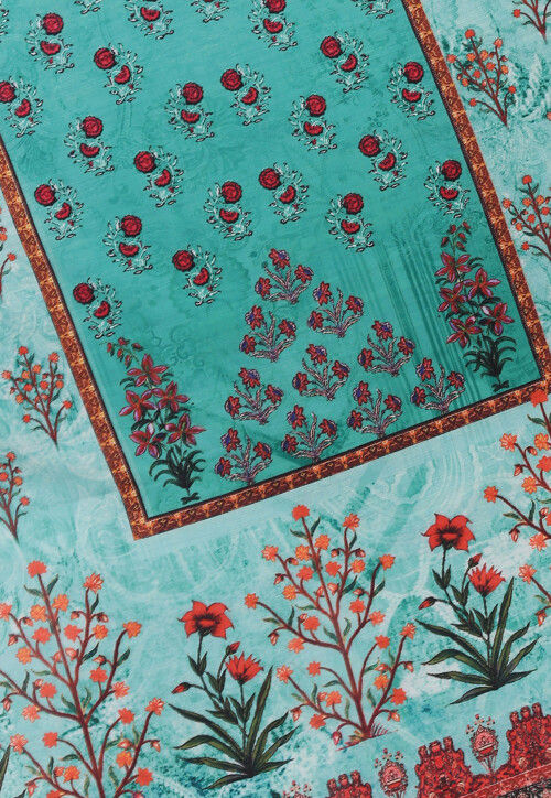 Digital Printed Muslin Cotton Dupatta in Light Blue