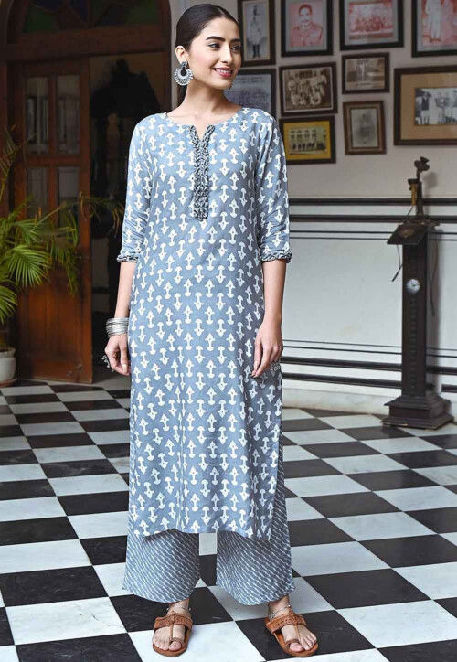 Digital Printed Muslin Cotton Straight Kurta Set in Grey