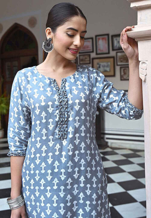 Digital Printed Muslin Cotton Straight Kurta Set in Grey