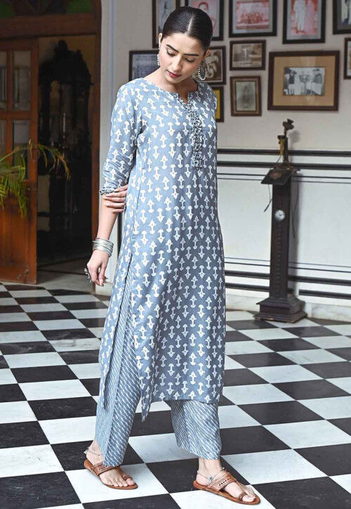 Digital Printed Muslin Cotton Straight Kurta Set in Grey