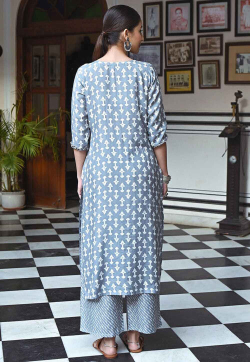 Digital Printed Muslin Cotton Straight Kurta Set in Grey