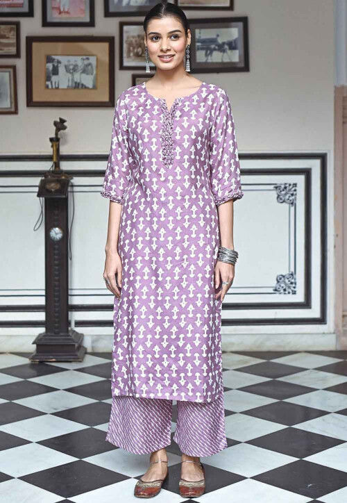 Digital Printed Muslin Cotton Straight Kurta Set in Purple