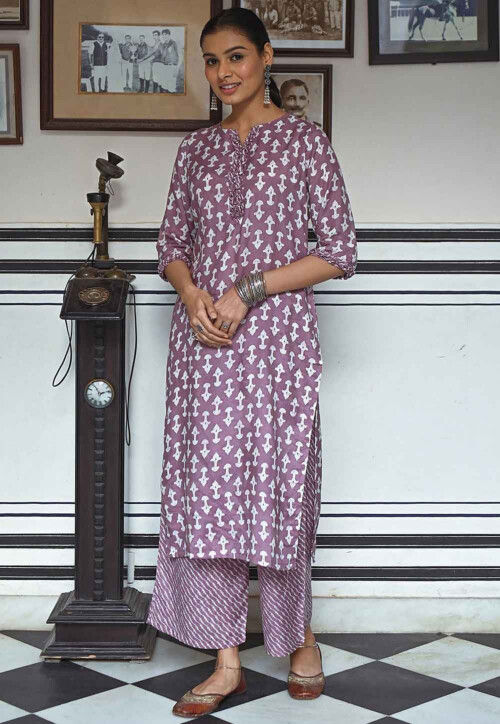 Digital Printed Muslin Cotton Straight Kurta Set in Purple
