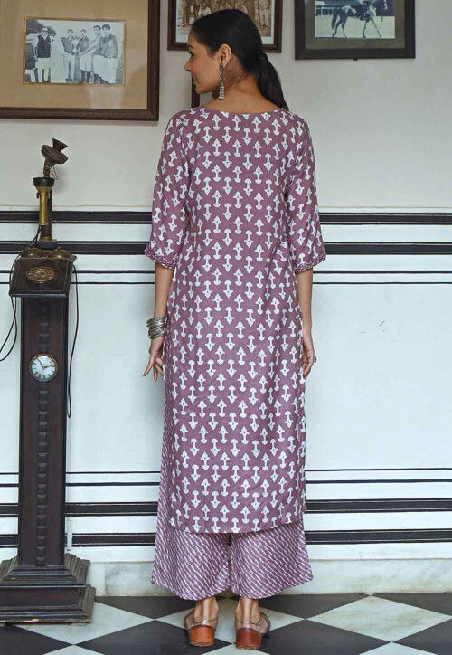 Digital Printed Muslin Cotton Straight Kurta Set in Purple