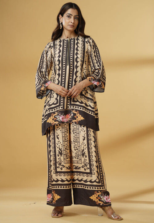 Digital Printed Muslin Silk A Line Kurti Set in Brown