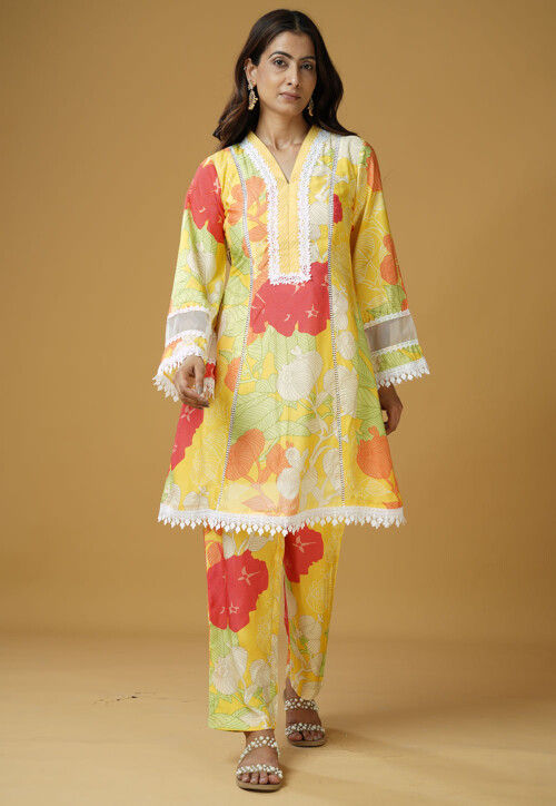 Digital Printed Muslin Silk A Line Kurti Set in Multicolor